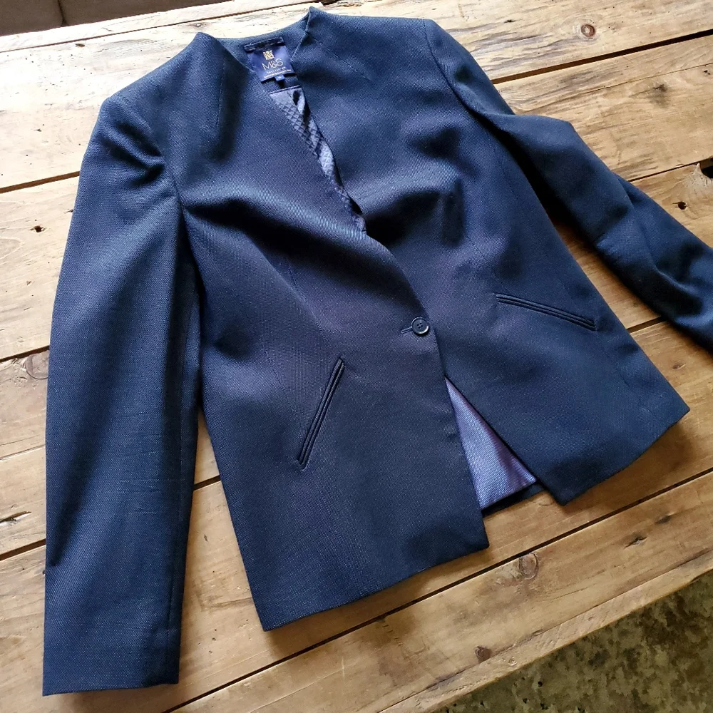Marks & Spencer Women's Tailored Fit One Button Blue Blazer Size 12 - Picture 1 of 17
